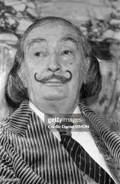 Salvador Dali donne une conférence de presse dans le cadre d'une rétrospective qui lui est consacrée au Centre Georges Pompidou à Paris le 17...