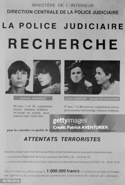 Affiche de recherche de Nathalie Ménigon et Joelle Aubron diffusée par la police après le meutre de Georges Besse, Paris, le 20 novembre 1986, France.