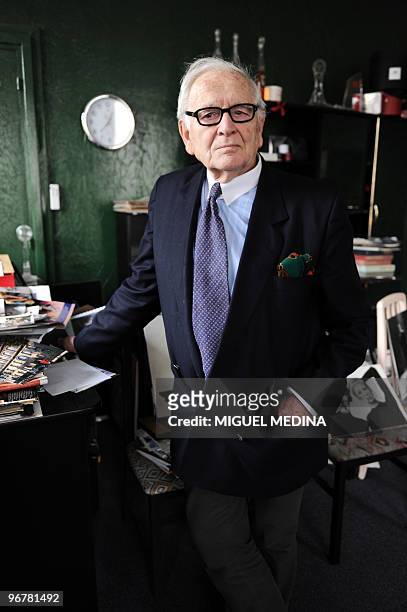 French fashion designer Pierre Cardin poses on February 17, 2010 in Paris, prior to give an interview to present his book on his 60-year-long career....