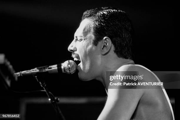 Freddie Mercury, leader du groupe Queen lors d'un concert, le 18 septembre 1984 à Paris, France.