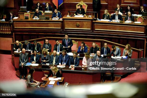 Italian Prime Minister Giuseppe Conte speaks in the presence of all the ministers of his government in the Senate Hall for the first time, on June 5,...