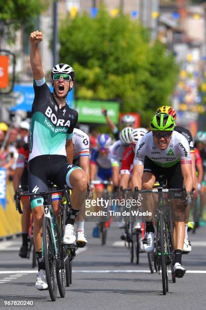 Arrival / Pascal Ackermann of Germany and Team Bora - Hansgrohe / Celebration / Edvald Boasson Hagen of Norway and Team Dimension Data / during the...