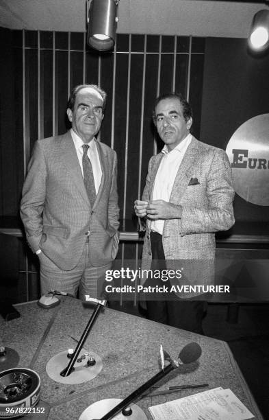 Georges Marchais et Jean-Pierre Elkabach à Europe 1 le 25 juin 1985, Paris, France.