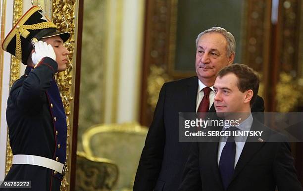 Russian President Dmitry Medvedev and Abkhazian President Sergei Bagapsh enter a hall for their meeting in the Moscow Kremlin on February 17, 2010....