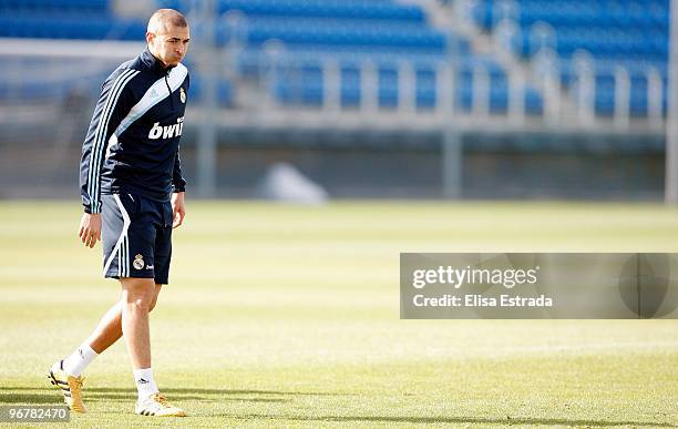 Karim Benzema of Real Madrid in action during a training session at Valdebebas on February 17, 2010 in Madrid, Spain. .