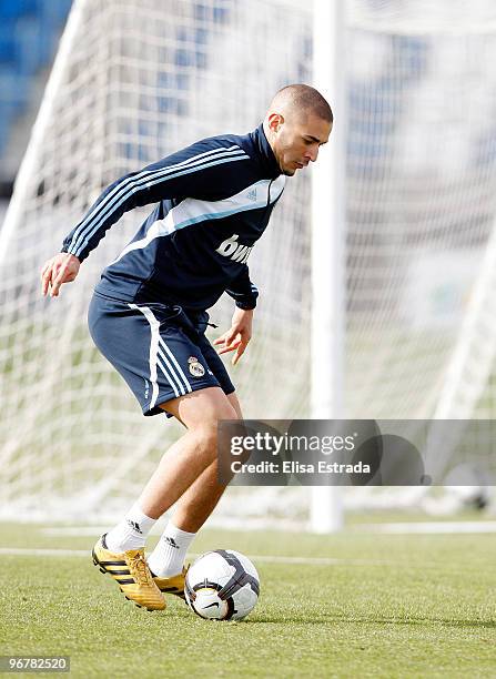 Karim Benzema of Real Madrid in action during a training session at Valdebebas on February 17, 2010 in Madrid, Spain. .