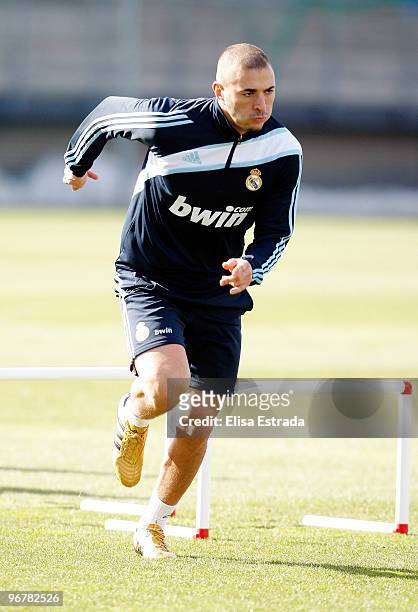 Karim Benzema of Real Madrid in action during a training session at Valdebebas on February 17, 2010 in Madrid, Spain. .