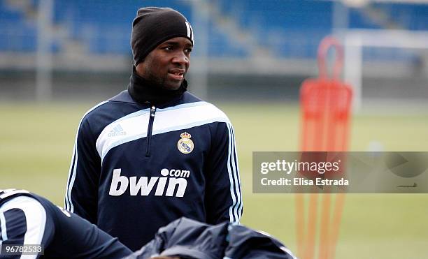 Lassana Diarra of Real Madrid looks on during a training session at Valdebebas on February 17, 2010 in Madrid, Spain. .