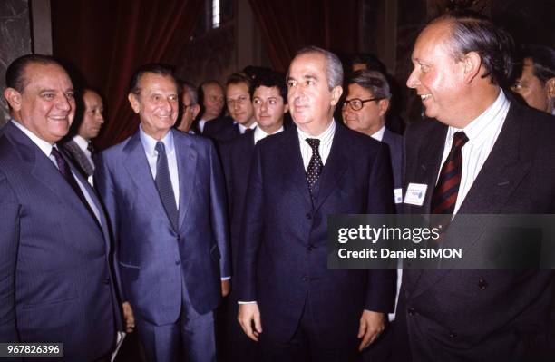 Raymond Barre, Jean Lecanuet, Edouard Balladur et Jean-Claude Gaudin lors des journées parlementaires de l'UDF le 29 septembre 1986 à Nancy, France.