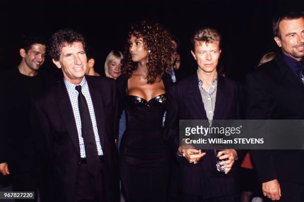 Jack Lang et Thierry Mugler avec David Bowie et son épouse Iman lors de la Fête de la Musique le 21 juin 1991 à Paris, France.l.