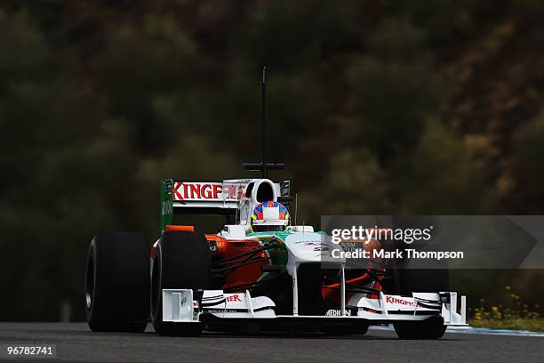 Paul Di Resta of Great Britain and Force India drives during winter testing at the Circuito De Jerez on February 17, 2010 in Jerez de la Frontera,...