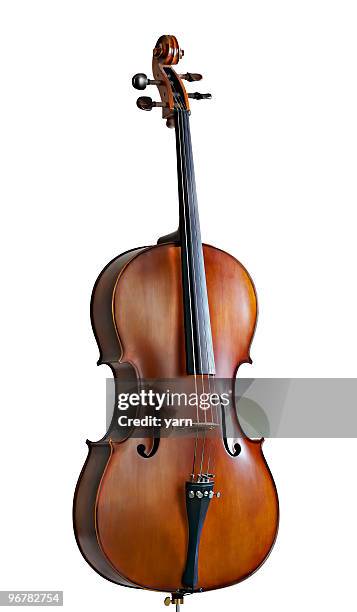 standing cello against a white background - musical instruments stockfoto's en -beelden