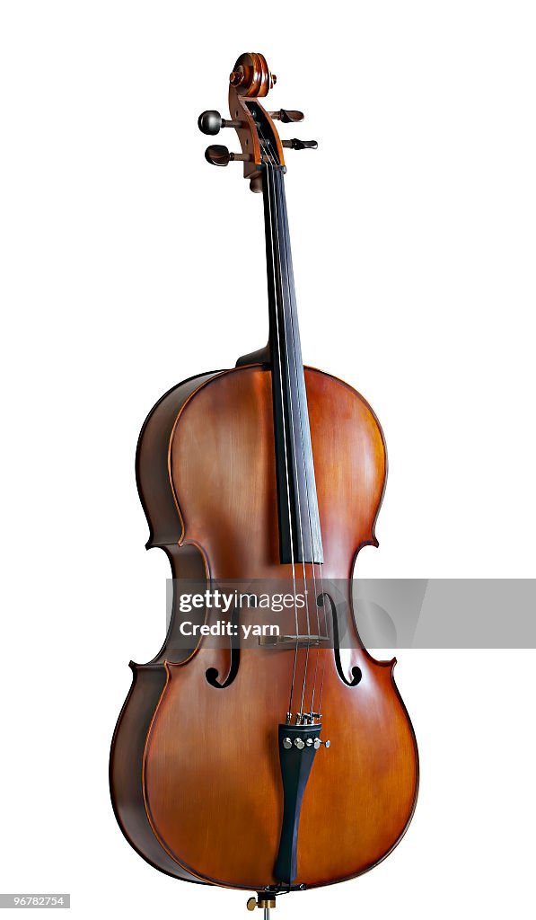 Standing cello against a white background