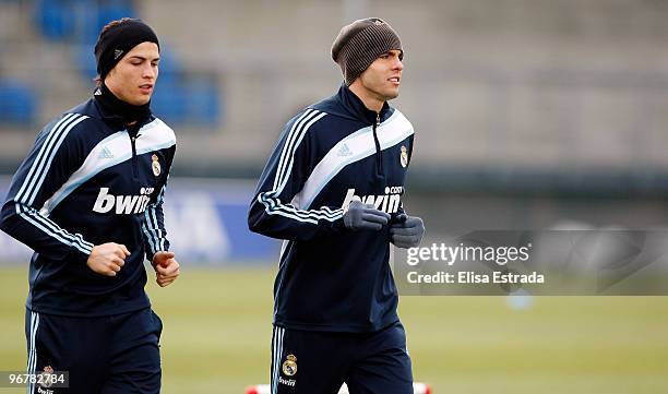 Kaka and Cristiano Ronaldo of Real Madrid run during a training session at Valdebebas on February 17, 2010 in Madrid, Spain. .