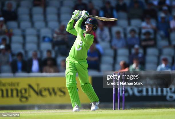 Keaton Jennings batting during the Royal London One Day Cup match between Lancashire and Yorkshire Vikings at Old Trafford on June 5, 2018 in...