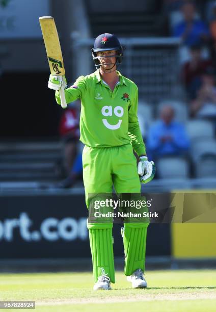 Keaton Jennings of Lancashire raises his bat after scoring 50 runs during the Royal London One Day Cup match between Lancashire and Yorkshire Vikings...