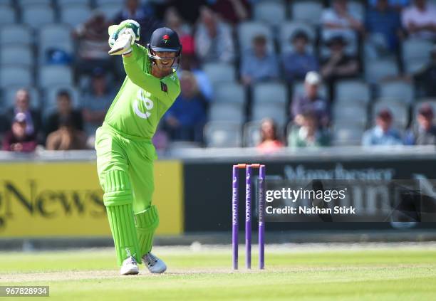 Keaton Jennings batting during the Royal London One Day Cup match between Lancashire and Yorkshire Vikings at Old Trafford on June 5, 2018 in...
