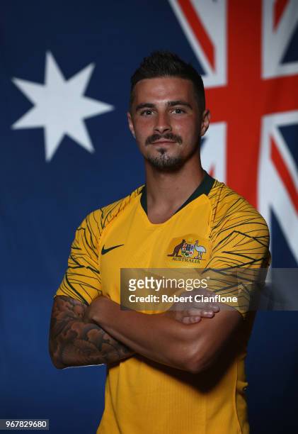 Jamie Maclaren of Australia poses during the Australian Socceroos Portrait Session at the Gloria Serenity Resort on June 5, 2018 in Antalya, Turkey.