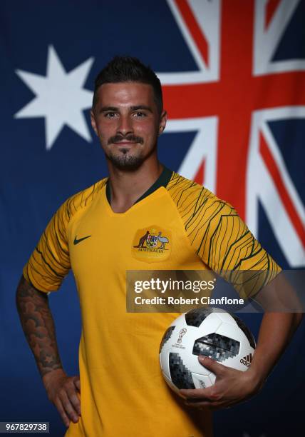 Jamie Maclaren of Australia poses during the Australian Socceroos Portrait Session at the Gloria Serenity Resort on June 5, 2018 in Antalya, Turkey.