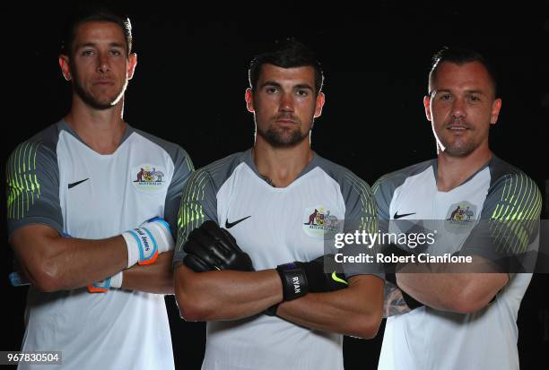 Australian goalkeepers Brad Jones, Mathew Ryan and Daniel Vukovic pose during the Australian Socceroos Portrait Session at the Gloria Serenity Resort...