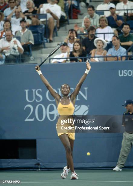 Venus Williams of the USA celebrates after defeating Lindsay Davenport of the USA in the Women's Singles Final of the US Open at the USTA National...