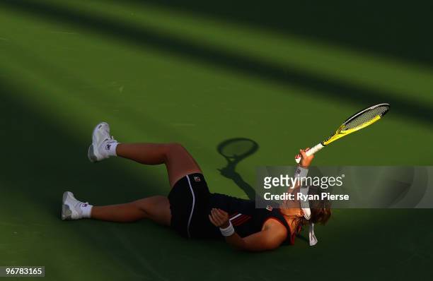 Svetlana Kuznetsova of Russia falls over during her third round match against Regina Kulikova of Russia during day four of the WTA Barclays Dubai...