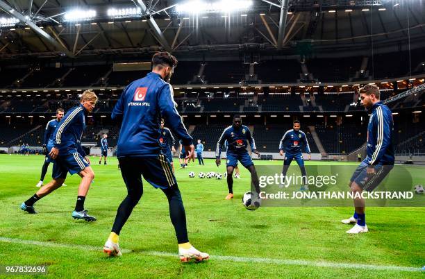 Sweden's football team players take part in a training session on June 5, 2018 in Solna, Sweden, ahead of the FIFA World Cup 2018 in Russia. - The...