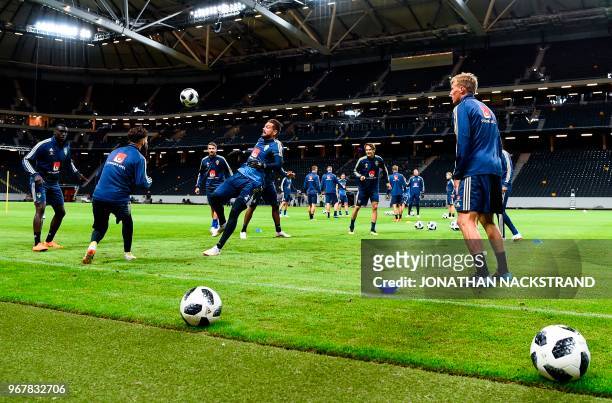 Sweden's football team players take part in a training session on June 5, 2018 in Solna, Sweden, ahead of the FIFA World Cup 2018 in Russia. - The...