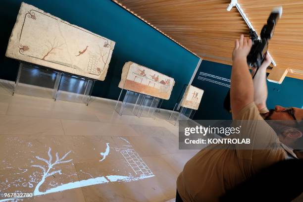 Visitor takes picture of the exhibition 'L'Immagine Invisibile' at ArchaeologicalMuseum in Paestum southern Italy. The exhibition shows paintings,...