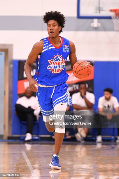 Richard Springs from The MacDuffie School brings the ball up the court during the Pangos All-American Camp on June 2, 2018 at Cerritos College in...