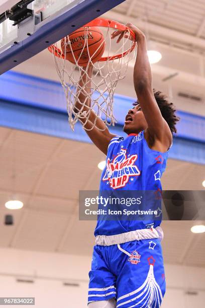 Richard Springs from The MacDuffie School dunks the ball during the Pangos All-American Camp on June 2, 2018 at Cerritos College in Norwalk, CA.