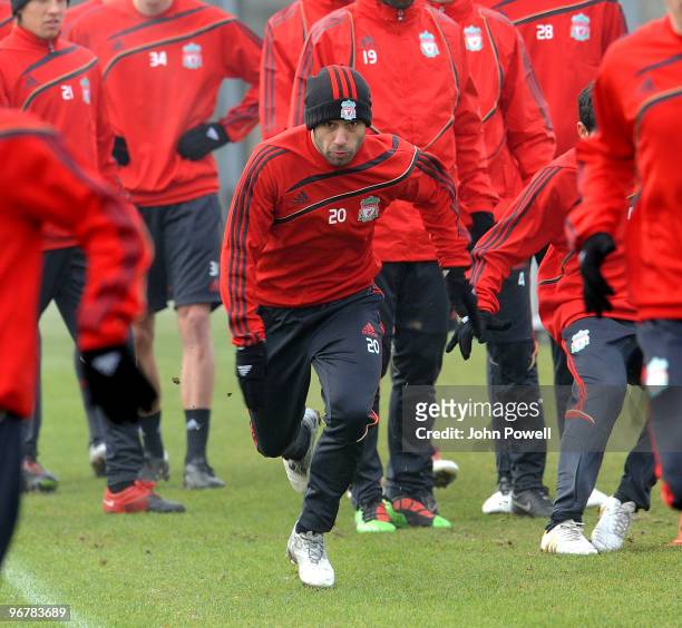 Javier Mascherano of Liverpool in action during a training session ahead of their UEFA Europa League round of 32 first-leg match between Liverpool...