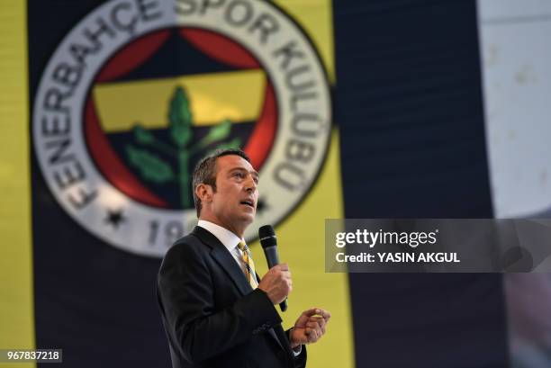 Turkish businessman and newly elected Fenerbahce chairman Ali Koc speaks during a gathering at the Ulker Stadium in Istanbul on June 5 in Istanbul. -...