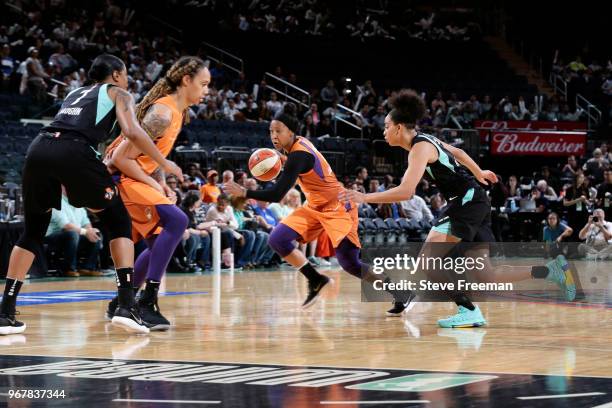 Briann January of the Phoenix Mercury handles the ball against the New York Liberty on June 5, 2018 at Madison Square Garden in New York, New York....