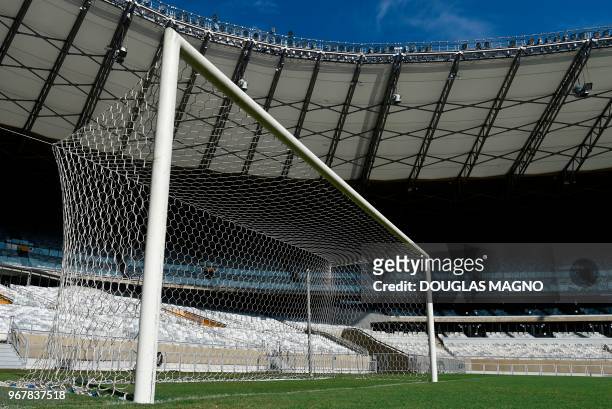 View of one of the original goals, used in the legendary 7-1 2014 World Cup semifinal match between Germany and Brazil, at the Mineirao stadium in...