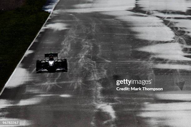 Michael Schumacher of Germany and Mercedes GP drives during winter testing at the Circuito De Jerez on February 17, 2010 in Jerez de la Frontera,...