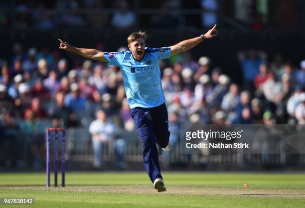 David Willey of Yorkshire celebrates getting Haseeb Hameed of Lancashire out during the Royal London One Day Cup match between Lancashire and...
