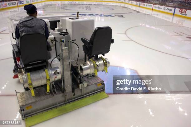 Rear view of zanboni on ice during intermission of Washington Capitals vs Vegas Golden Knights game at Capital One Arena. Game 3. Washington, DC...