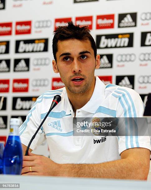 Real Madrid player Alvaro Arbeloa gives a press conference after a training session at Valdebebas on February 17, 2010 in Madrid, Spain.