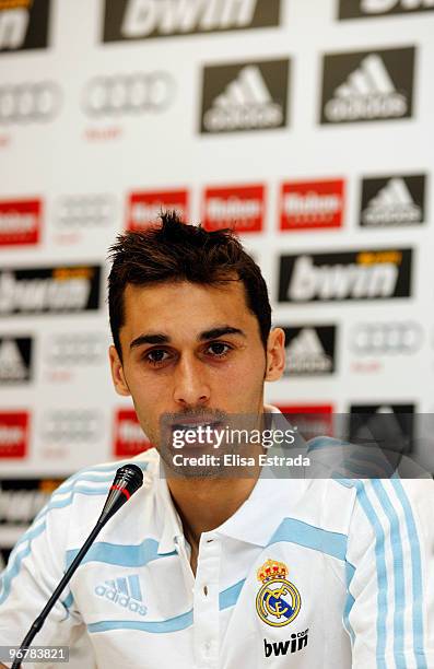 Real Madrid player Alvaro Arbeloa gives a press conference after a training session at Valdebebas on February 17, 2010 in Madrid, Spain.