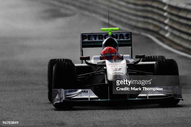 Michael Schumacher of Germany and Mercedes GP drives during winter testing at the Circuito De Jerez on February 17, 2010 in Jerez de la Frontera,...