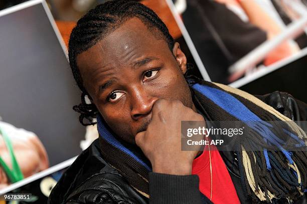 Belgian Ghanaian born boxer Sugar Jackson gives a press conference on February 17 2010, ahead of the Night of the Fight, in Merksem. AFP PHOTO /...