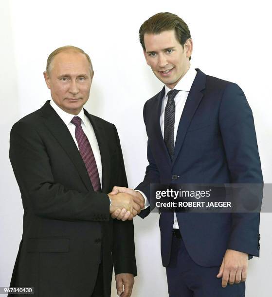 Russian President Vladimir Putin and Austrian Chancellor Sebastian Kurz shak hands in Vienna, Austria, June 5, 2018. - President Putin is on a...