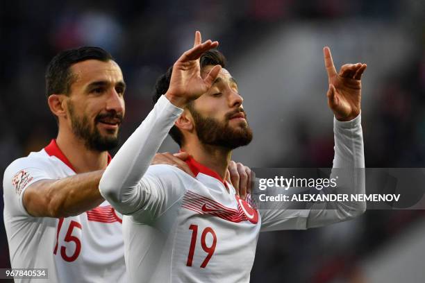 Turkey's Yunus Malli celebrates after scoring a goal during an international friendly football match between Russia and Turkey at Moscow's VEB Arena...