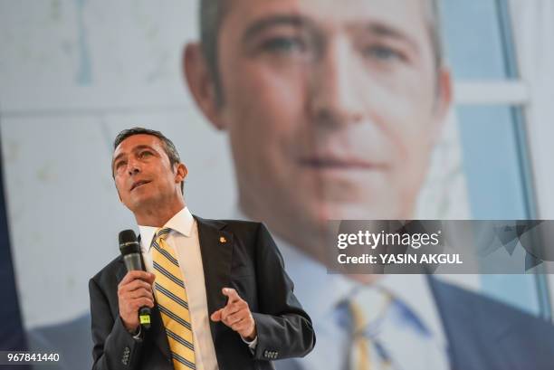 Turkish businessman and newly elected Fenerbahce chairman Ali Koc speaks during a gathering at the Ulker Stadium in Istanbul on June 5 in Istanbul. -...