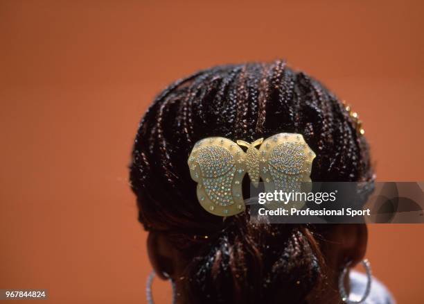 Venus Williams' hair clip during the French Open Tennis Championships at the Stade Roland Garros circa May 2002 in Paris, France.