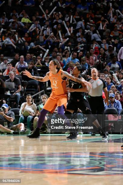 Brittney Griner of the Phoenix Mercury posts up Kia Vaughn of the New York Liberty on June 5, 2018 at Madison Square Garden in New York, New York....