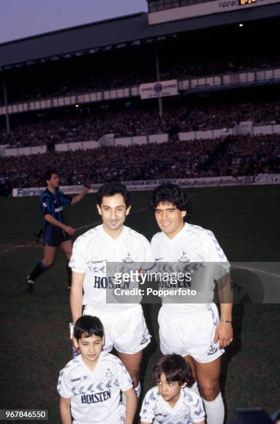 Osvaldo Ardiles and sons with Diego Maradona before Ardiles' testimonial match between Tottenham Hotspur and Inter Milan at White Hart Lane on May 1,...
