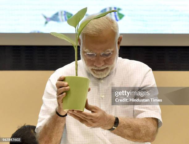 Prime Minister of India Narendra Modi during the plenary session on the occasion of the 'World Environment day' at Vigyan Bhawan on June 5, 2018 in...