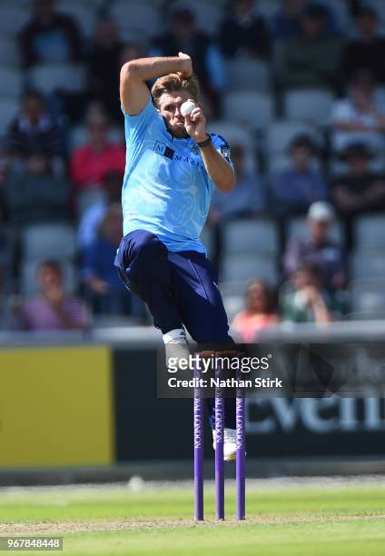 David Willey of Yorkshire runs into bowl during the Royal London One Day Cup match between Lancashire and Yorkshire Vikings at Old Trafford on June...